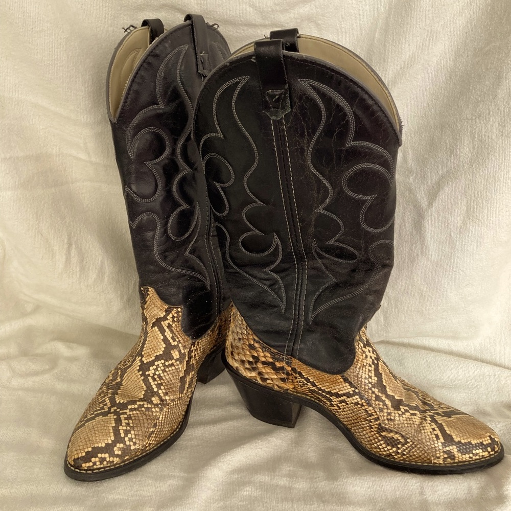 Vintage Black and Brown Python Heeled Boots